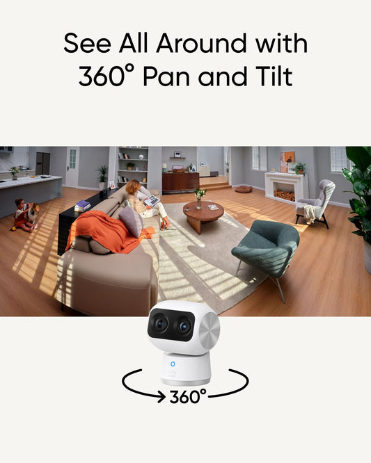 eufy Security Indoor Cam S350, Dual Cameras, 4K UHD Resolution Security Camera with 8× Zoom and 360° PTZ, Human/Pet AI, Ideal for Baby Monitor/Pet Camera/Home Security, Dual-Band Wi-Fi 6, Plug in