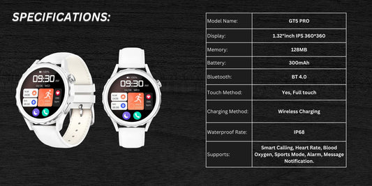 G-Tab GT5 Pro Smartwatch for Men Women with 1.32" Full Touch IPS Display, Multi-Sport Mode, Heart Rate Monitor, Sleep Tracker, Message Notification, and Smart Calling - Compatible with Android and iOS