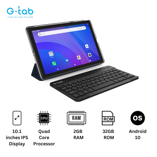 G-Tab S12 Pro Tablet with Keyboard/10.1 Inch IPS LCD/3G/Quad Core/2Gb RAM + 32GB ROM/2Mp Front + 5Mp Rear Camera/Tempered Glass touch Panel/6000mAh Battery/Tablet Case/Android 10 (Gray)