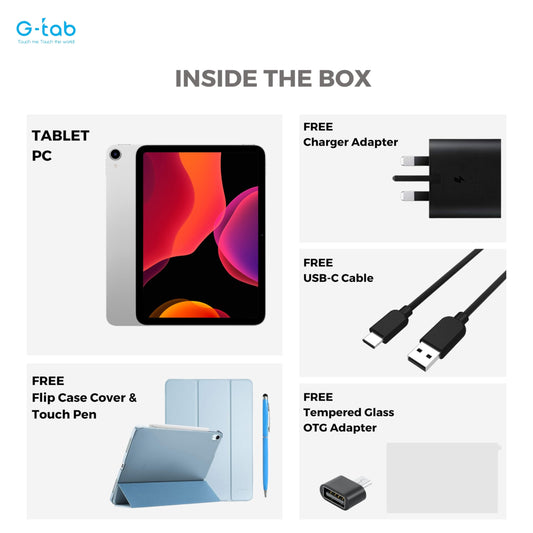 G-Tab PAD 10 tablet/10.1 inch IPS Display/Android 14/Quad Core 2.0 GHz/6580 mAh /5G Wifi/ 4GB RAM (Expandable upto 4GB)/128GB ROM/5MP Front+8MP Rear Camera/Touch pen inside (Gray)