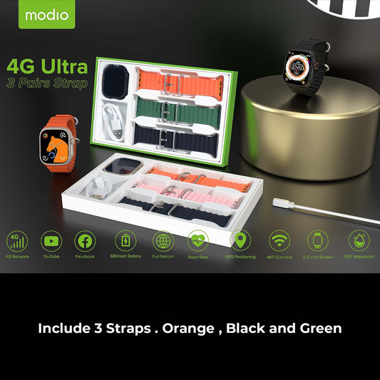 Modio 4G Ultra max android smart watch HD 2.2 inch full touch screen with 3 set strap and wireless charger for men's and boy's (Cellular) Black 4GB RAM 64 GB ROM