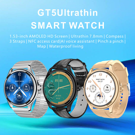 GT5 Ultrathin Smartwatch with 1.53-inch AMOLED Display, NFC, AI Voice Assistant, Multi-Sport Modes, Formal Strap Edition Black | Extra Chain and Silicon Straps Free