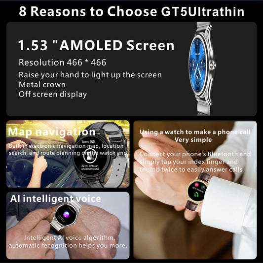 GT5 Ultrathin Smartwatch with 1.53-inch AMOLED Display, NFC, AI Voice Assistant, Multi-Sport Modes, Formal Strap Edition Black | Extra Chain and Silicon Straps Free