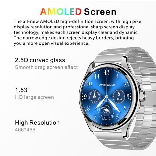 GT5 Ultrathin Smartwatch with 1.53-inch AMOLED Display, NFC, AI Voice Assistant, Multi-Sport Modes, Formal Strap Edition Black | Extra Chain and Silicon Straps Free