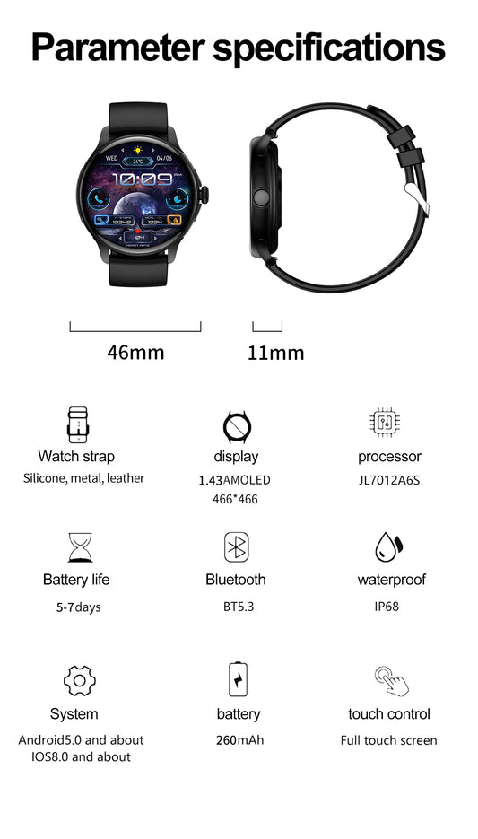 Smart Sports Watch VENU 3 – Fashion Edition (Black) with 1.43-inch AMOLED Display, Multidimensional Health Management, Always-On Screen, Exquisite Crown with Mechanical Vibration, Rich Applications, and 2 Extra Interchangeable Black Silicone Straps