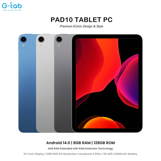 G-Tab PAD 10 tablet/10.1 inch IPS Display/Android 14/Quad Core 2.0 GHz/6580 mAh /5G Wifi/ 4GB RAM (Expandable upto 4GB)/128GB ROM/5MP Front+8MP Rear Camera/Touch pen inside (Blue)