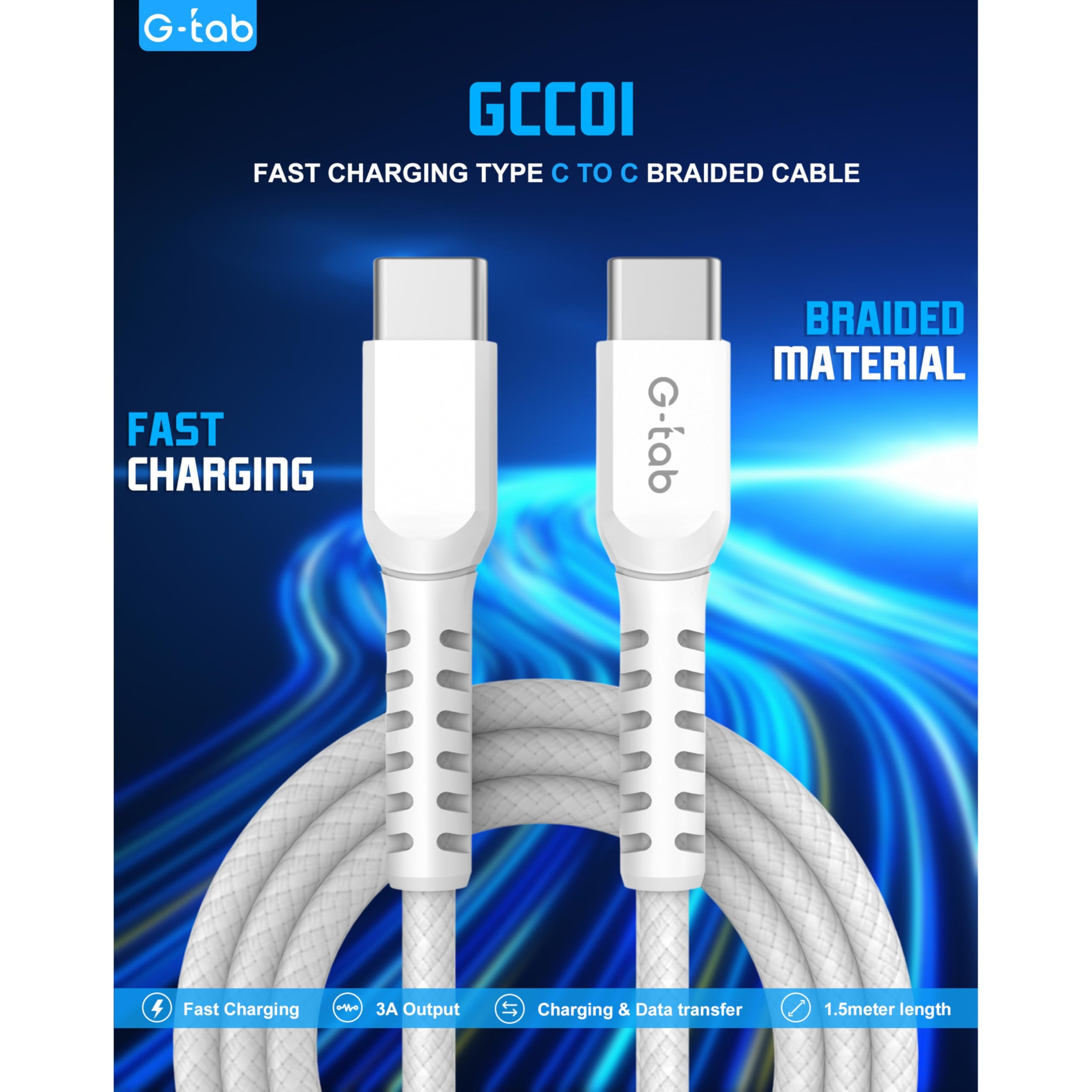 G-Tab GCC01 Type - C to C Cable white– Playgame.ae