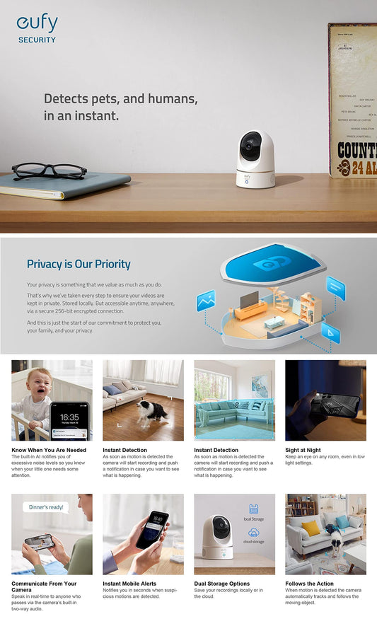 eufy Security 2K Indoor Cam Pan & Tilt, Home Security Indoor Camera, Human and Pet AI, Works with Voice Assistants, Motion Tracking, Night Vision, MicroSD Card Required, HomeBase Not Required.