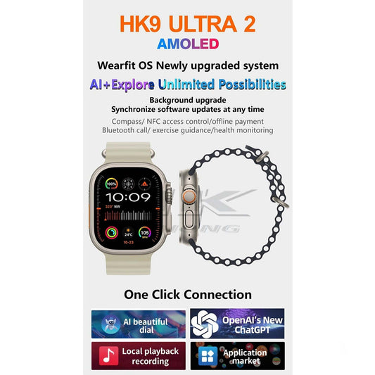 HK9 ULTRA 2 Smart Watch 2.12 inch Smartwatch Fitness Running Watch Bluetooth Temperature Monitoring Pedometer Call Reminder Compatible with Android iOS Women Men Long Standby Hands-Free Calls Chat GPT - Black